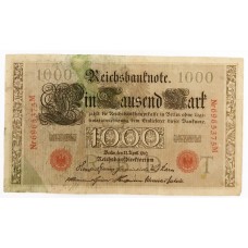 GERMANY 1910 . ONE THOUSAND 1,000  MARK BANKNOTE . ERROR . GREEN INK SMUDGES